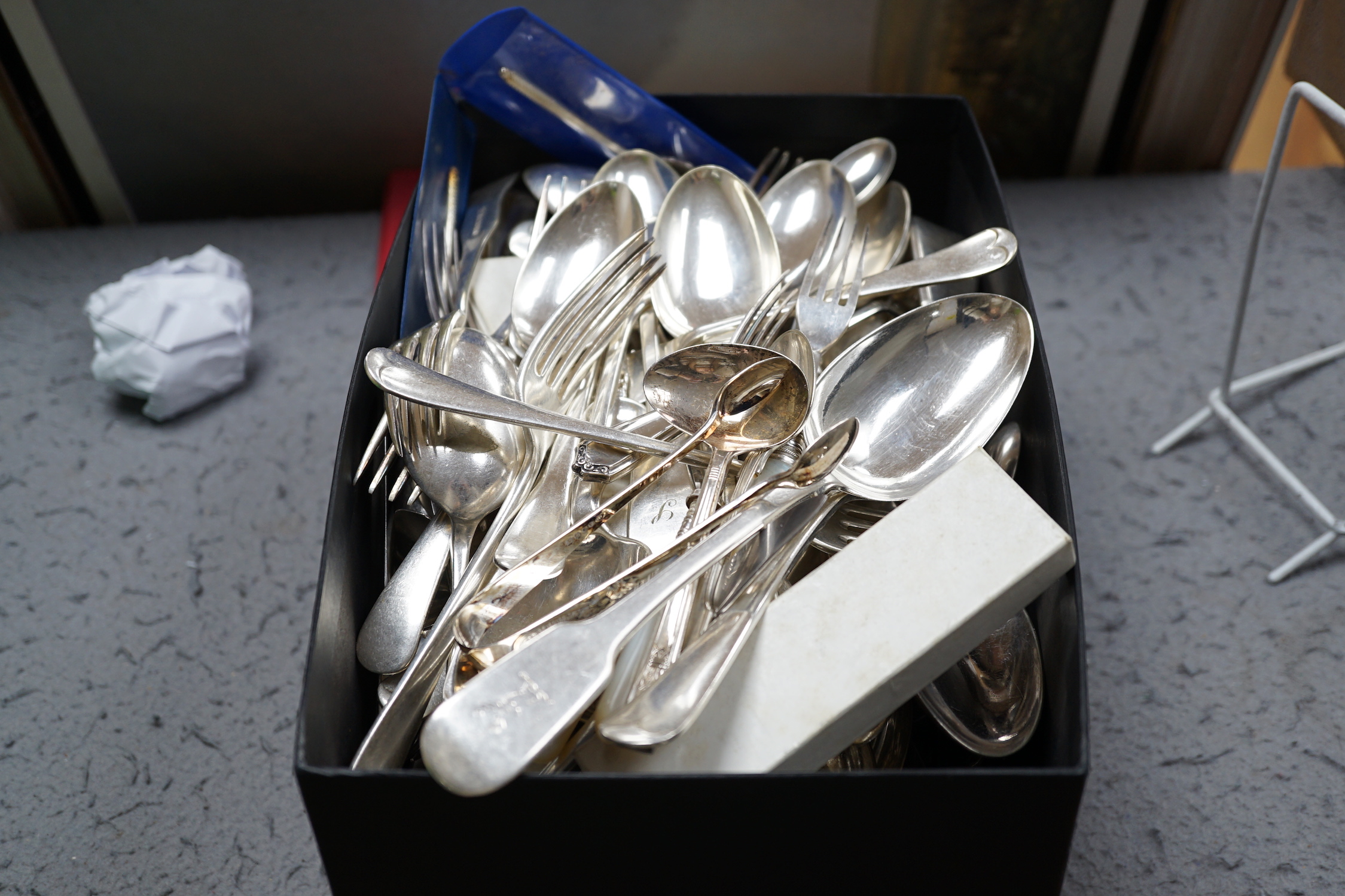 A group of assorted 19th century and late silver flatware, various patterns, dates and makers, including a set of six Hanovarian pattern dessert forks by George Adams, London, 1852(worn) and a cased set of six coffee spo